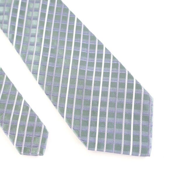 Kenneth Cole‎ Reaction Green Gray Metallic Check Silk Tie - Picture 1 of 7